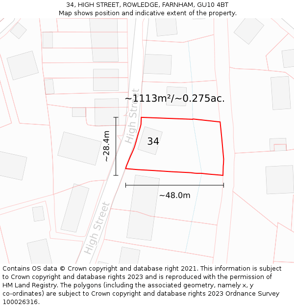 34, HIGH STREET, ROWLEDGE, FARNHAM, GU10 4BT: Plot and title map