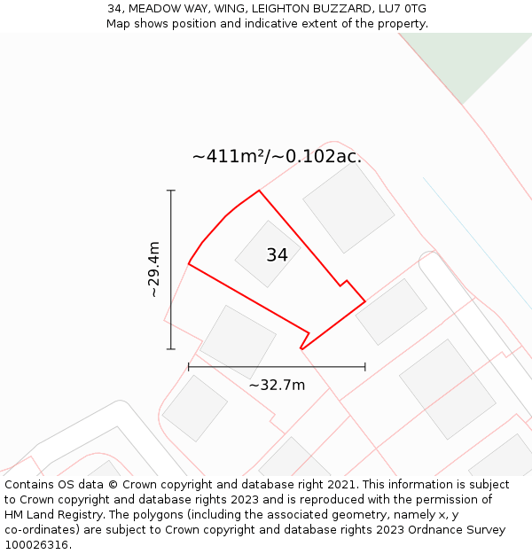 34, MEADOW WAY, WING, LEIGHTON BUZZARD, LU7 0TG: Plot and title map