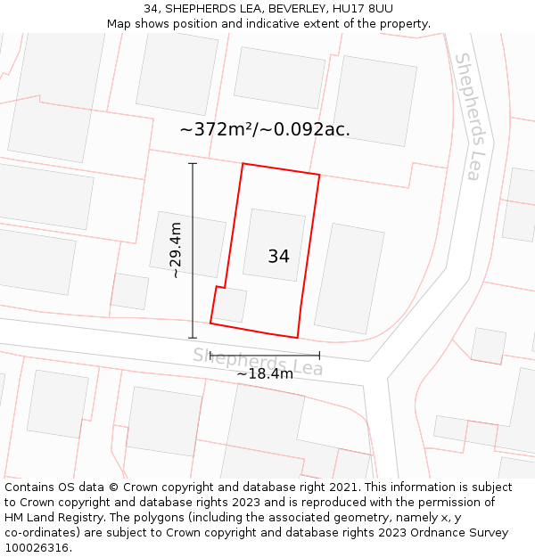 34, SHEPHERDS LEA, BEVERLEY, HU17 8UU: Plot and title map
