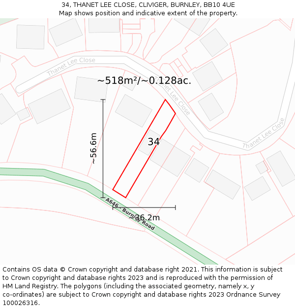 34, THANET LEE CLOSE, CLIVIGER, BURNLEY, BB10 4UE: Plot and title map