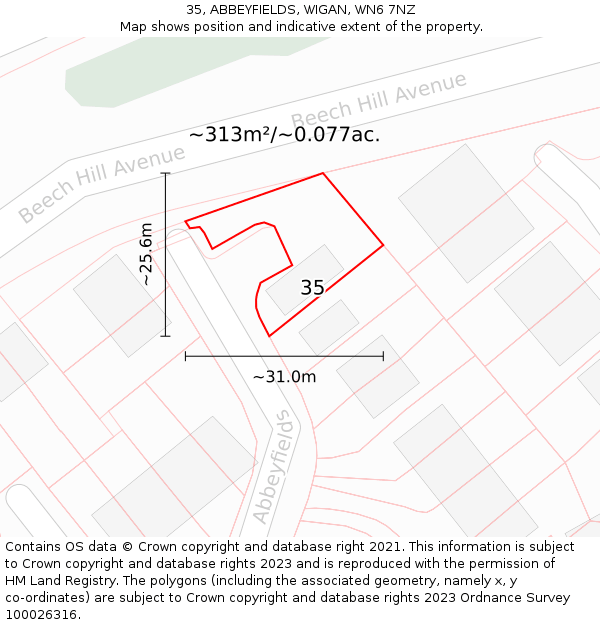 35, ABBEYFIELDS, WIGAN, WN6 7NZ: Plot and title map