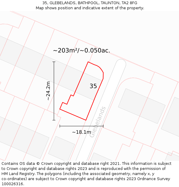 35, GLEBELANDS, BATHPOOL, TAUNTON, TA2 8FG: Plot and title map