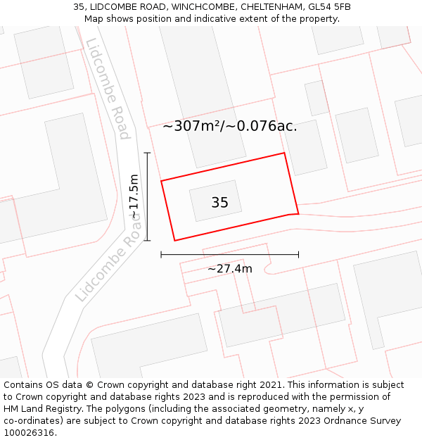 35, LIDCOMBE ROAD, WINCHCOMBE, CHELTENHAM, GL54 5FB: Plot and title map