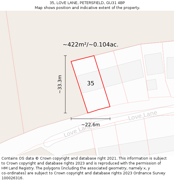 35, LOVE LANE, PETERSFIELD, GU31 4BP: Plot and title map
