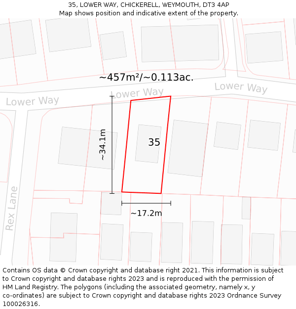 35, LOWER WAY, CHICKERELL, WEYMOUTH, DT3 4AP: Plot and title map
