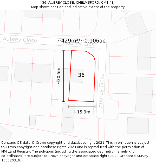 36, AUBREY CLOSE, CHELMSFORD, CM1 4EJ: Plot and title map