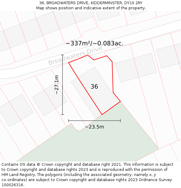 36, BROADWATERS DRIVE, KIDDERMINSTER, DY10 2RY: Plot and title map