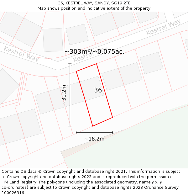 36, KESTREL WAY, SANDY, SG19 2TE: Plot and title map
