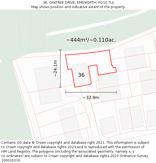 36, OAKTREE DRIVE, EMSWORTH, PO10 7UJ: Plot and title map
