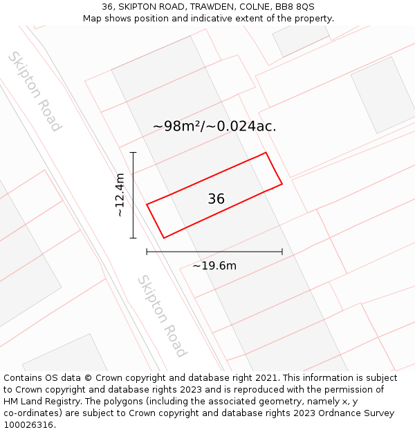 36, SKIPTON ROAD, TRAWDEN, COLNE, BB8 8QS: Plot and title map
