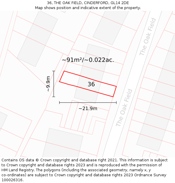 36, THE OAK FIELD, CINDERFORD, GL14 2DE: Plot and title map