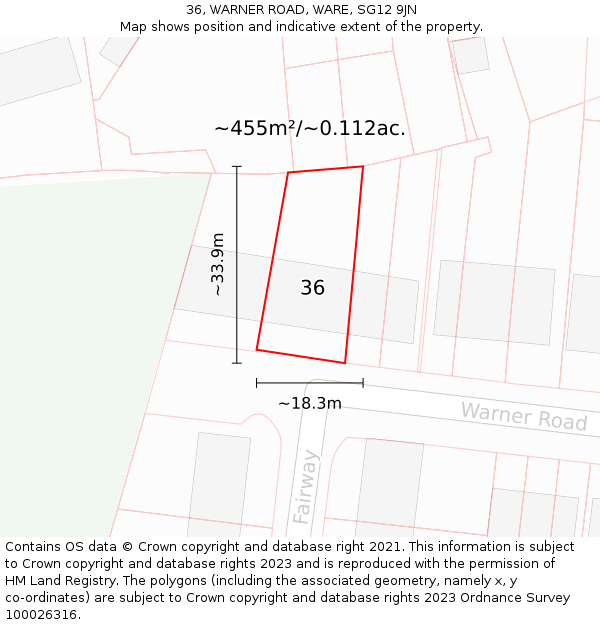 36, WARNER ROAD, WARE, SG12 9JN: Plot and title map