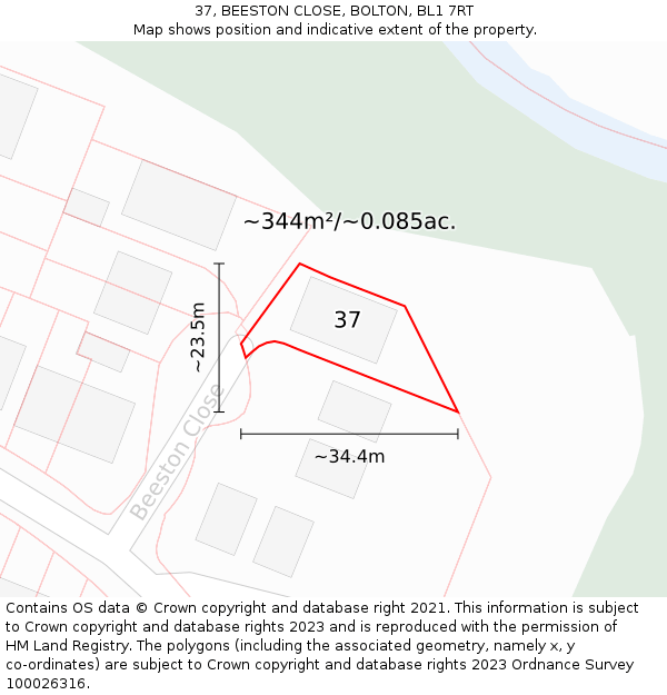 37, BEESTON CLOSE, BOLTON, BL1 7RT: Plot and title map