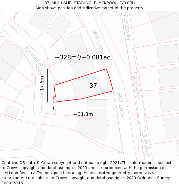 37, MILL LANE, STAINING, BLACKPOOL, FY3 0BH: Plot and title map