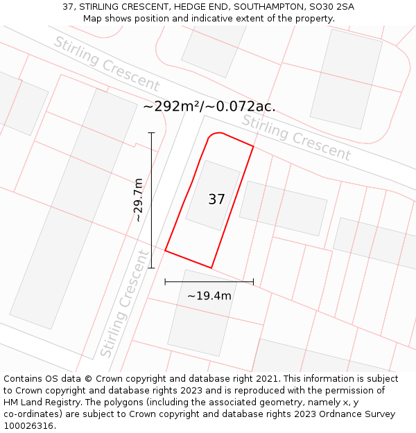 37, STIRLING CRESCENT, HEDGE END, SOUTHAMPTON, SO30 2SA: Plot and title map