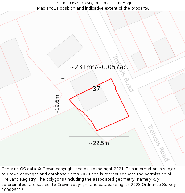 37, TREFUSIS ROAD, REDRUTH, TR15 2JL: Plot and title map