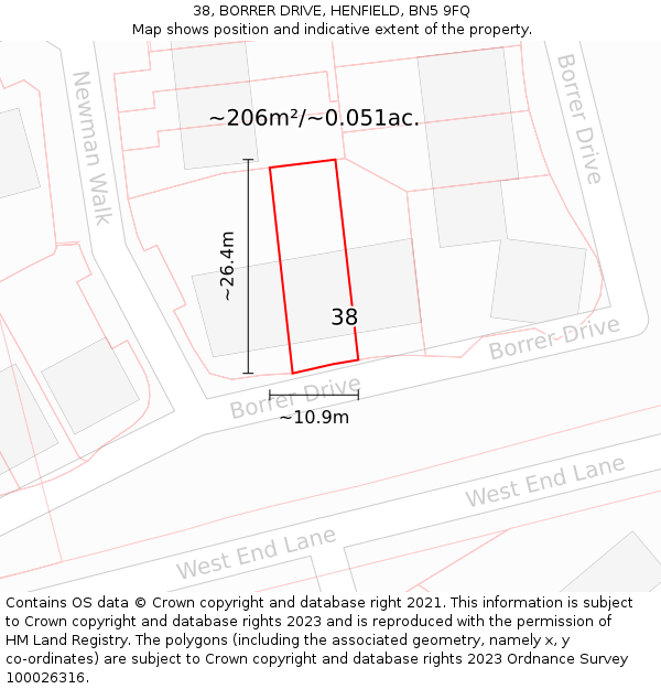 38, BORRER DRIVE, HENFIELD, BN5 9FQ: Plot and title map