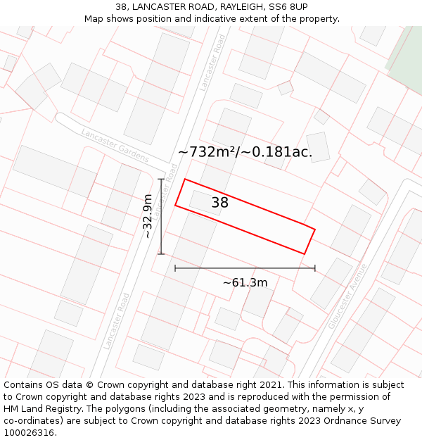 38, LANCASTER ROAD, RAYLEIGH, SS6 8UP: Plot and title map