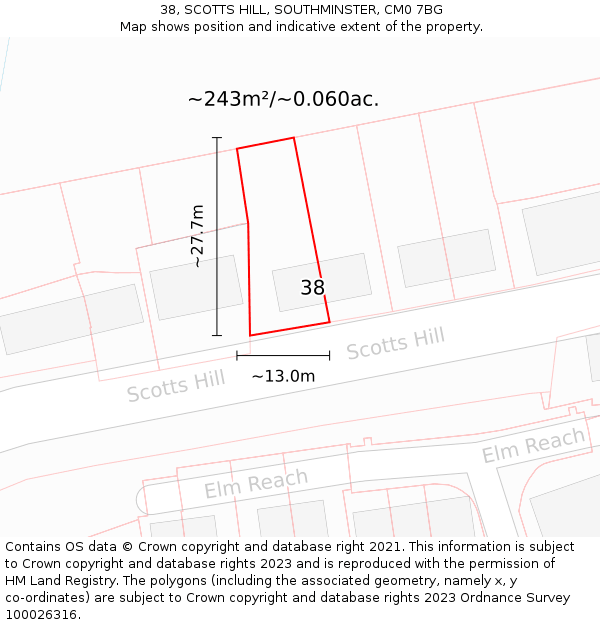 38, SCOTTS HILL, SOUTHMINSTER, CM0 7BG: Plot and title map