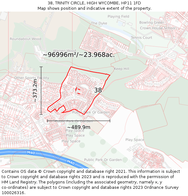 38, TRINITY CIRCLE, HIGH WYCOMBE, HP11 1FD: Plot and title map