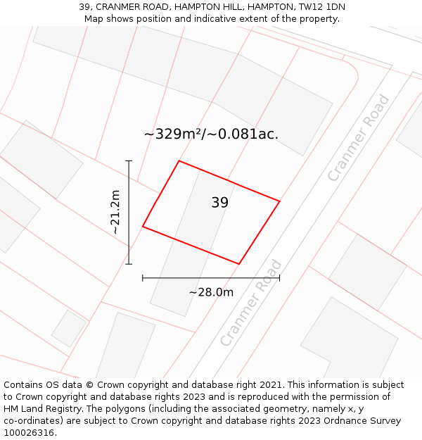 39, CRANMER ROAD, HAMPTON HILL, HAMPTON, TW12 1DN: Plot and title map
