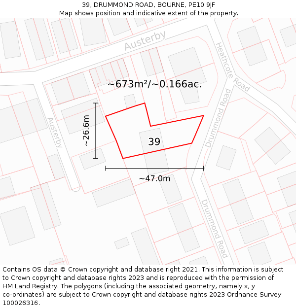 39, DRUMMOND ROAD, BOURNE, PE10 9JF: Plot and title map