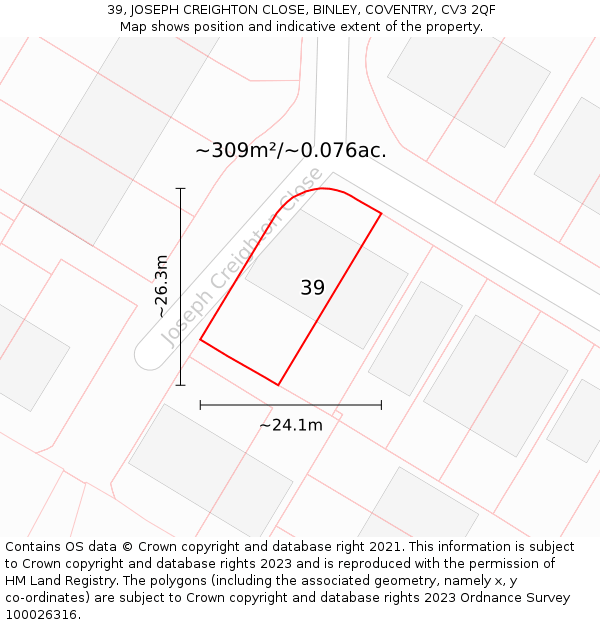 39, JOSEPH CREIGHTON CLOSE, BINLEY, COVENTRY, CV3 2QF: Plot and title map