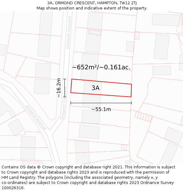 3A, ORMOND CRESCENT, HAMPTON, TW12 2TJ: Plot and title map
