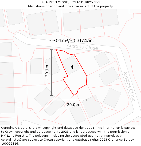 4, AUSTIN CLOSE, LEYLAND, PR25 3FG: Plot and title map
