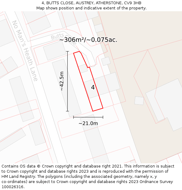 4, BUTTS CLOSE, AUSTREY, ATHERSTONE, CV9 3HB: Plot and title map