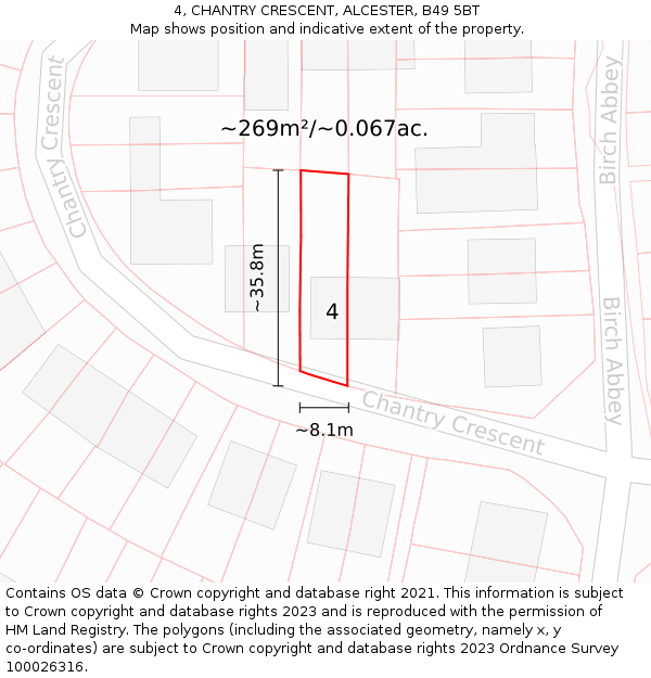 4, CHANTRY CRESCENT, ALCESTER, B49 5BT: Plot and title map