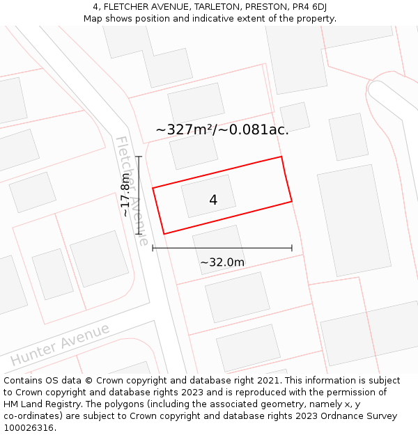 4, FLETCHER AVENUE, TARLETON, PRESTON, PR4 6DJ: Plot and title map
