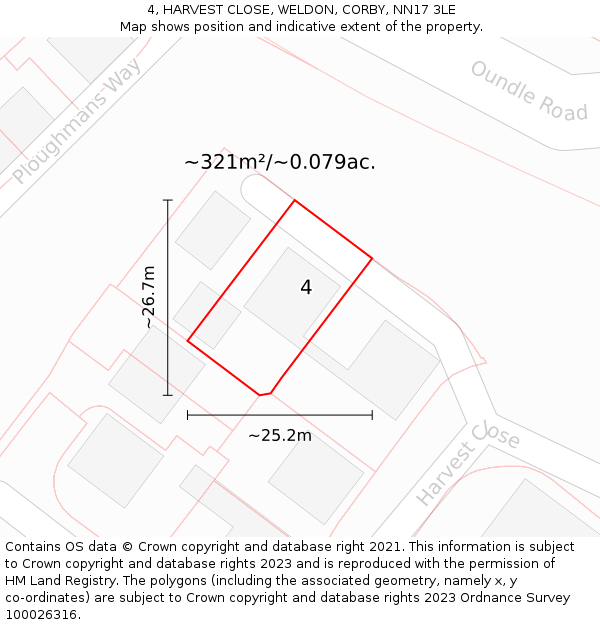 4, HARVEST CLOSE, WELDON, CORBY, NN17 3LE: Plot and title map