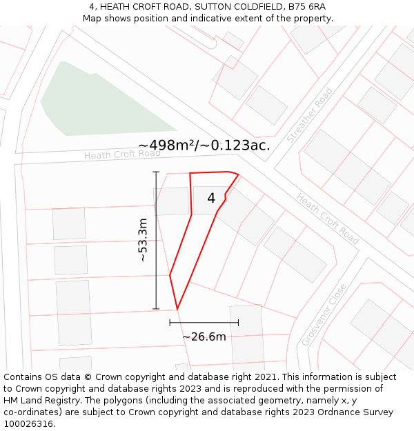 4, HEATH CROFT ROAD, SUTTON COLDFIELD, B75 6RA: Plot and title map