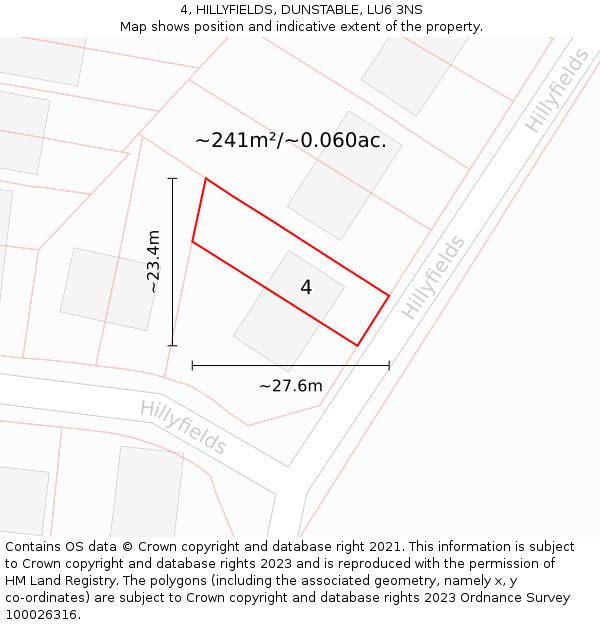 4, HILLYFIELDS, DUNSTABLE, LU6 3NS: Plot and title map
