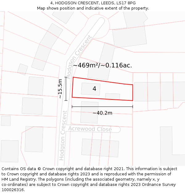 4, HODGSON CRESCENT, LEEDS, LS17 8PG: Plot and title map
