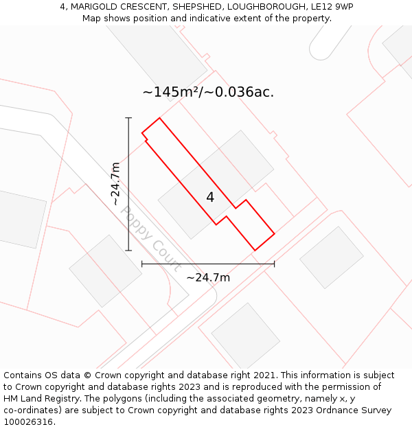 4, MARIGOLD CRESCENT, SHEPSHED, LOUGHBOROUGH, LE12 9WP: Plot and title map