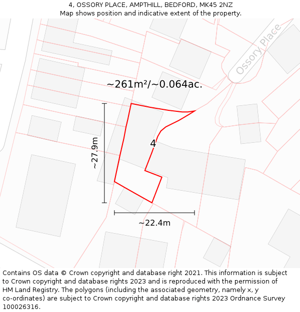 4, OSSORY PLACE, AMPTHILL, BEDFORD, MK45 2NZ: Plot and title map
