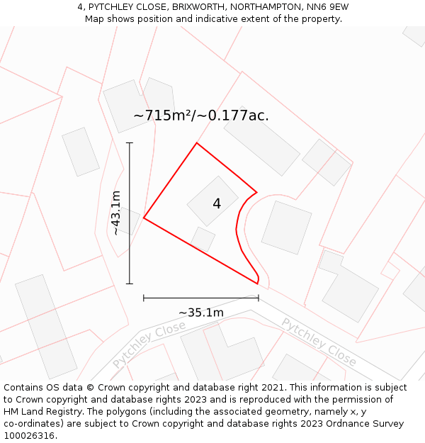 4, PYTCHLEY CLOSE, BRIXWORTH, NORTHAMPTON, NN6 9EW: Plot and title map