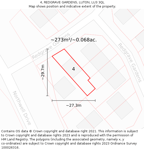 4, REDGRAVE GARDENS, LUTON, LU3 3QL: Plot and title map