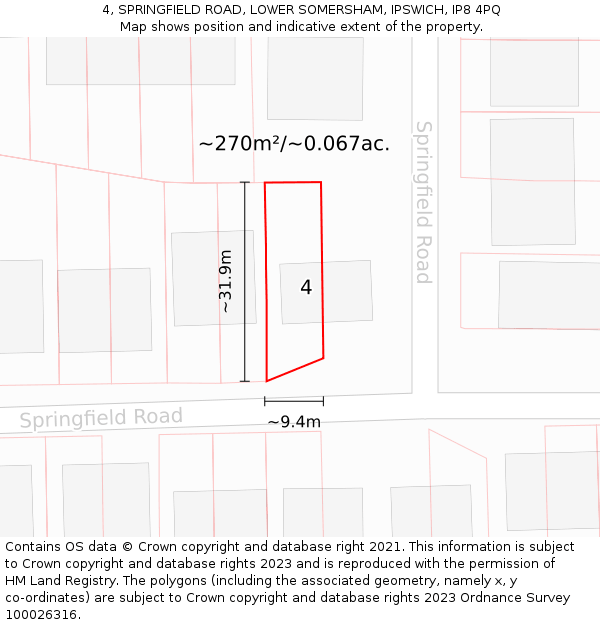4, SPRINGFIELD ROAD, LOWER SOMERSHAM, IPSWICH, IP8 4PQ: Plot and title map