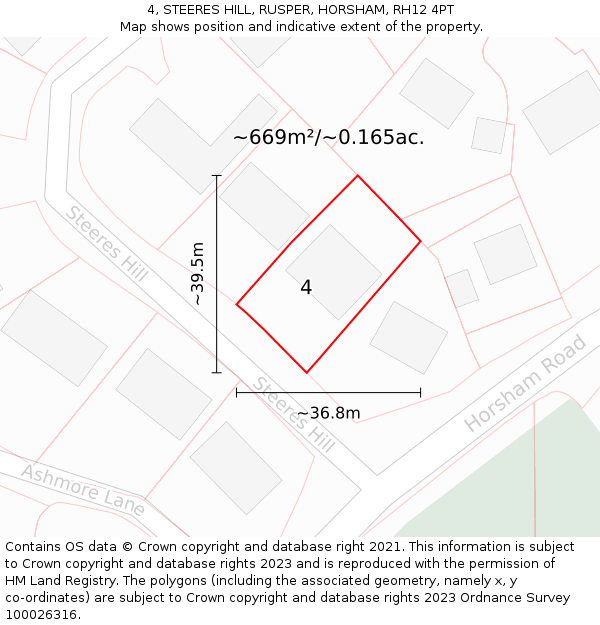 4, STEERES HILL, RUSPER, HORSHAM, RH12 4PT: Plot and title map