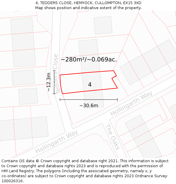 4, TEDDERS CLOSE, HEMYOCK, CULLOMPTON, EX15 3XD: Plot and title map