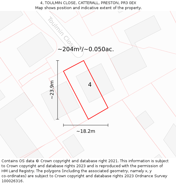 4, TOULMIN CLOSE, CATTERALL, PRESTON, PR3 0EX: Plot and title map