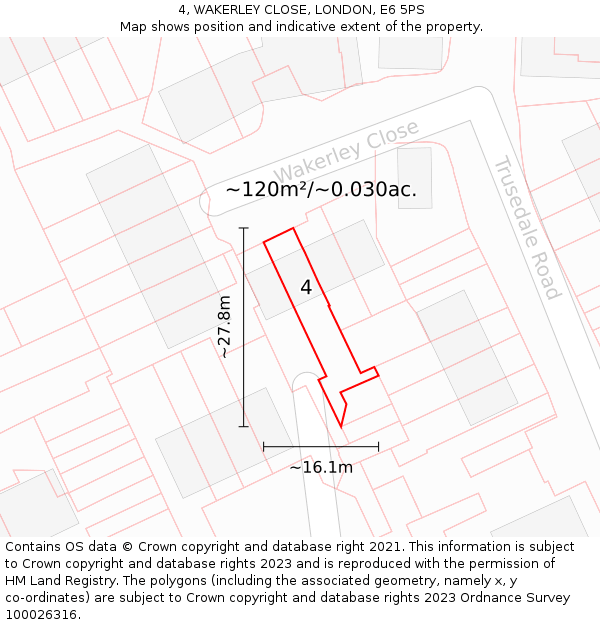 4, WAKERLEY CLOSE, LONDON, E6 5PS: Plot and title map