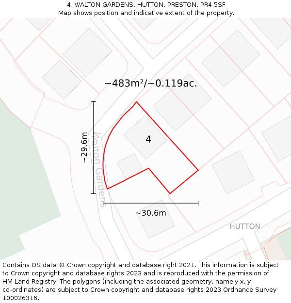4, WALTON GARDENS, HUTTON, PRESTON, PR4 5SF: Plot and title map