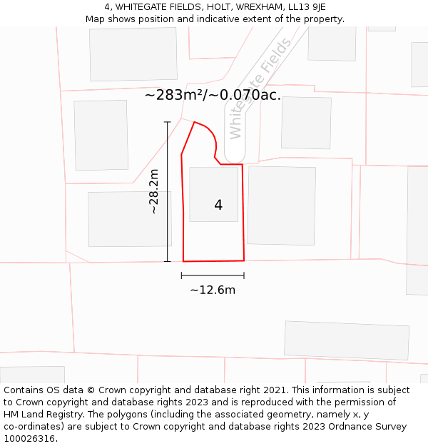 4, WHITEGATE FIELDS, HOLT, WREXHAM, LL13 9JE: Plot and title map