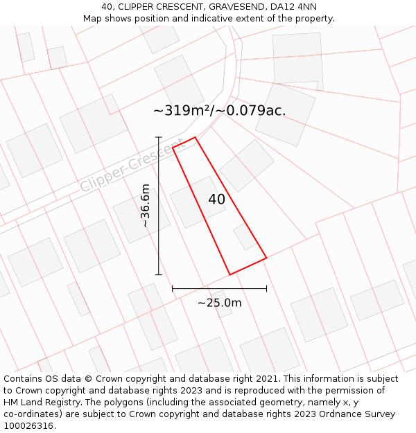 40, CLIPPER CRESCENT, GRAVESEND, DA12 4NN: Plot and title map