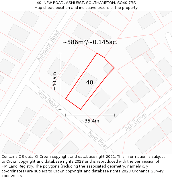 40, NEW ROAD, ASHURST, SOUTHAMPTON, SO40 7BS: Plot and title map