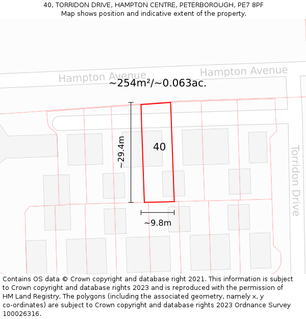 40, TORRIDON DRIVE, HAMPTON CENTRE, PETERBOROUGH, PE7 8PF: Plot and title map